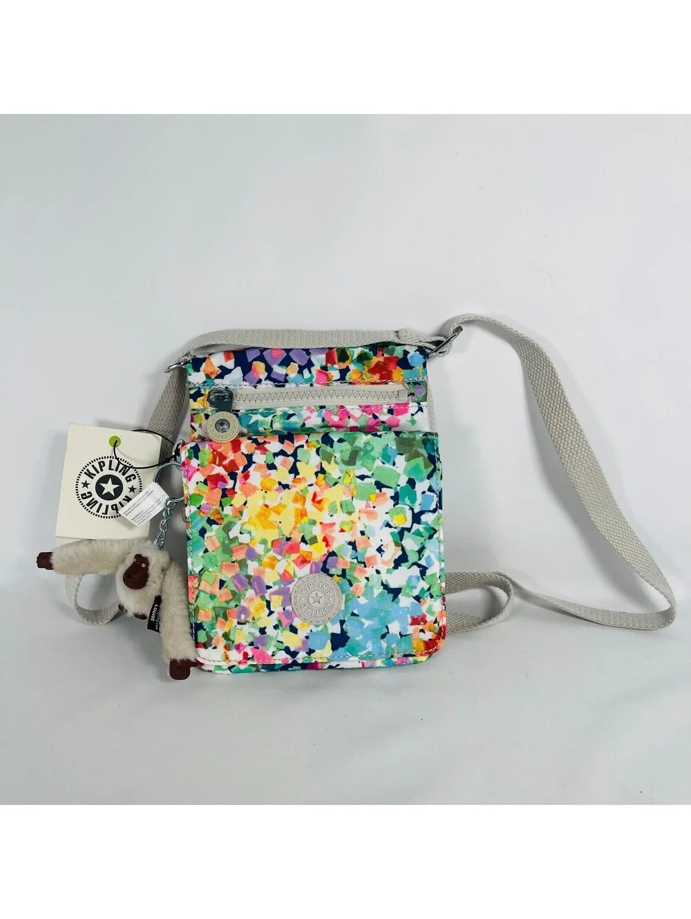 Kipling Multicolor Mosaic Canvas Mini Crossbody Bag NWT Flap Purse Monkey Charm